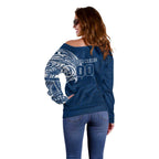 Personalized Geelong Cats Polynesian Off Shoulder Sweater Tribal Chest and Sleeve Tattoo Heritage Warrior