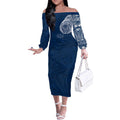 Personalized Geelong Cats Polynesian Off The Shoulder Long Sleeve Dress Tribal Chest and Sleeve Tattoo Heritage Warrior