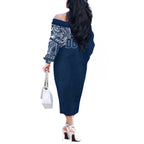 Personalized Geelong Cats Polynesian Off The Shoulder Long Sleeve Dress Tribal Chest and Sleeve Tattoo Heritage Warrior