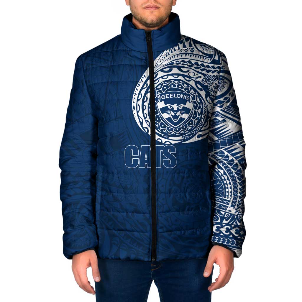 Personalized Geelong Cats Polynesian Padded Jacket Tribal Chest and Sleeve Tattoo Heritage Warrior