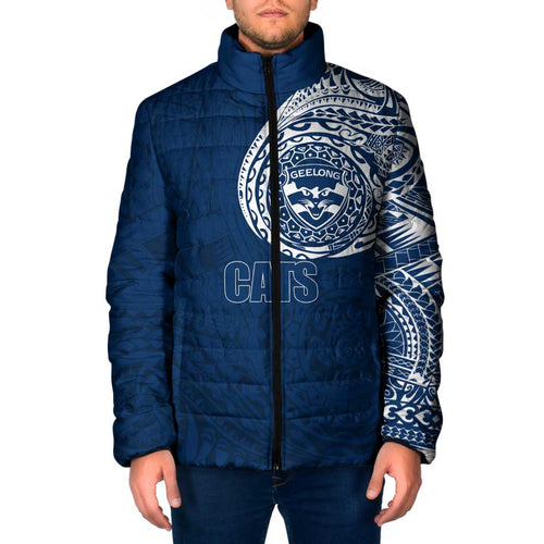 Personalized Geelong Cats Polynesian Padded Jacket Tribal Chest and Sleeve Tattoo Heritage Warrior