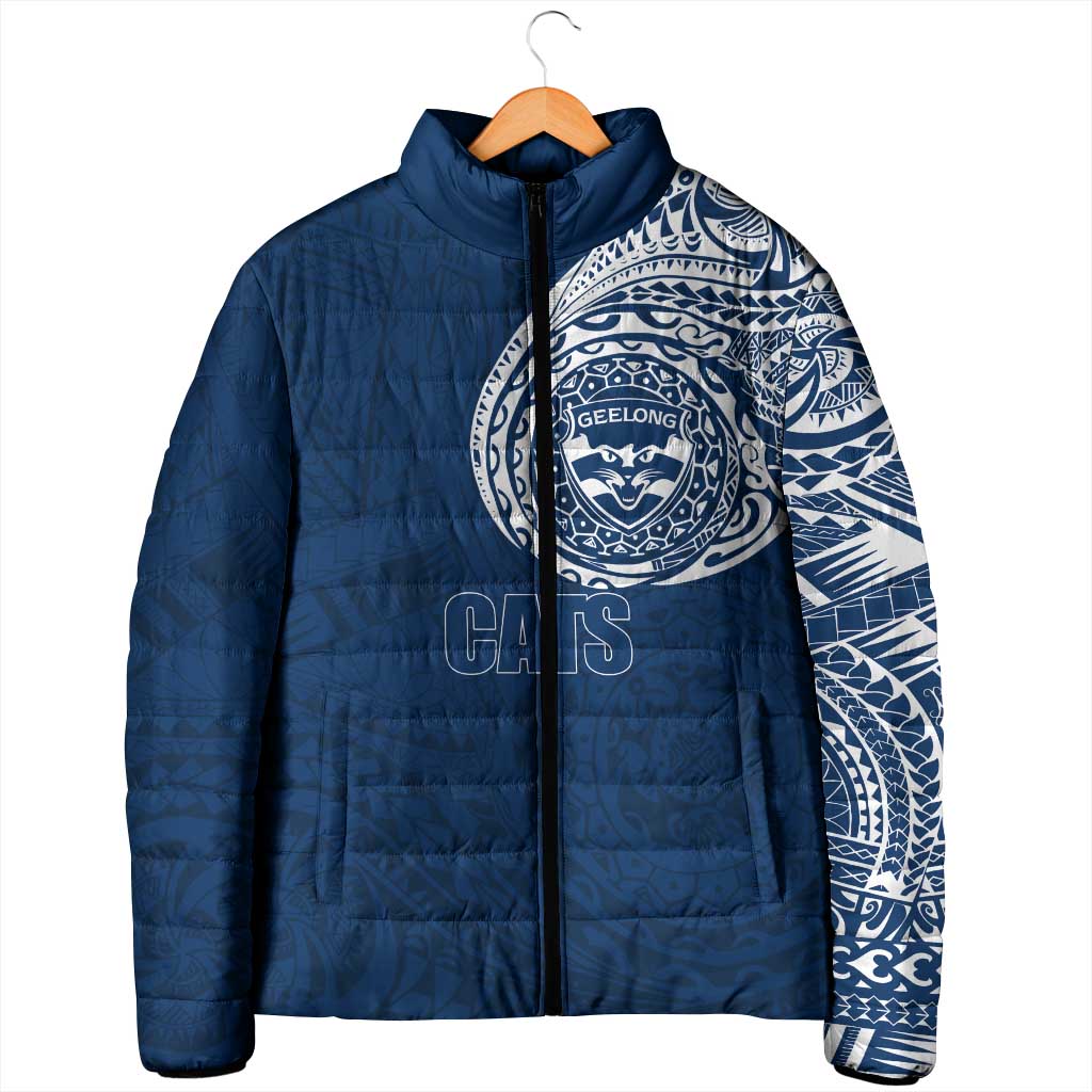 Personalized Geelong Cats Polynesian Padded Jacket Tribal Chest and Sleeve Tattoo Heritage Warrior