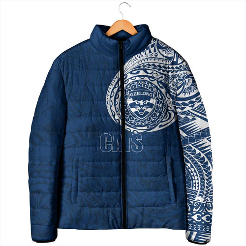 Personalized Geelong Cats Polynesian Padded Jacket Tribal Chest and Sleeve Tattoo Heritage Warrior
