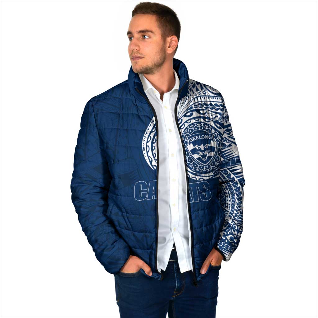 Personalized Geelong Cats Polynesian Padded Jacket Tribal Chest and Sleeve Tattoo Heritage Warrior