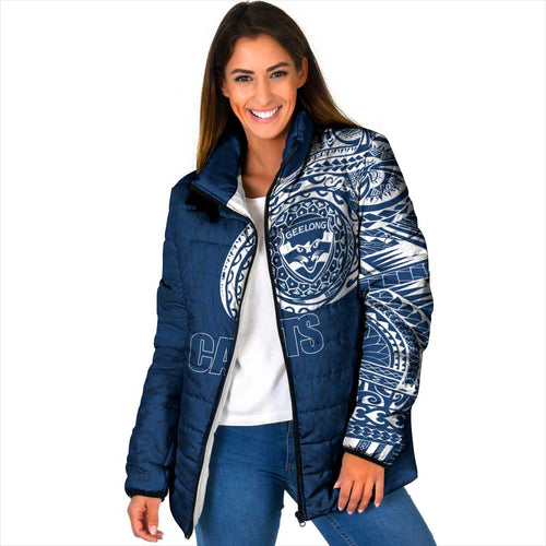 Personalized Geelong Cats Polynesian Padded Jacket Tribal Chest and Sleeve Tattoo Heritage Warrior