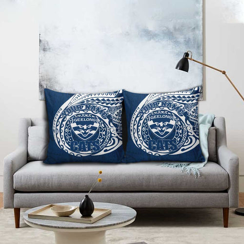Personalized Geelong Cats Polynesian Pillow Cover Tribal Chest and Sleeve Tattoo Heritage Warrior