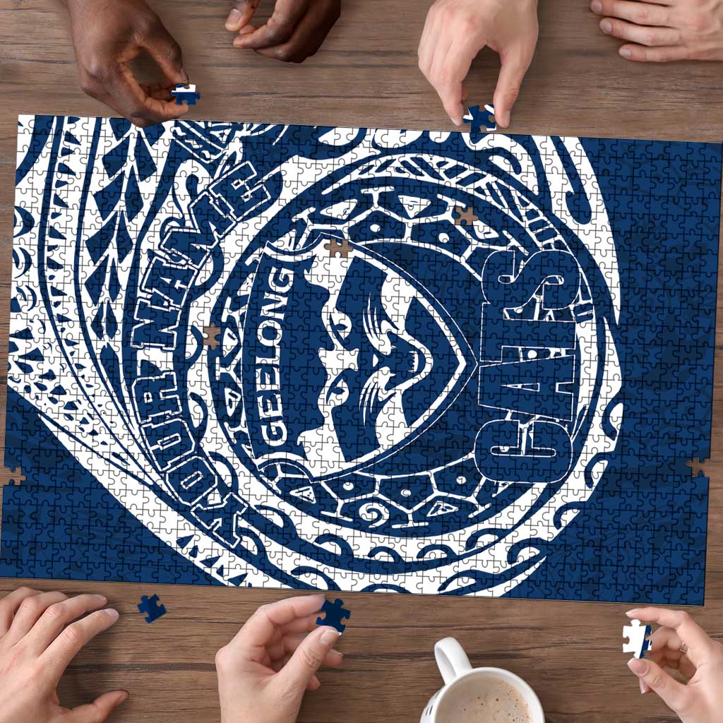 Personalized Geelong Cats Polynesian Puzzle Tribal Chest and Sleeve Tattoo Heritage Warrior