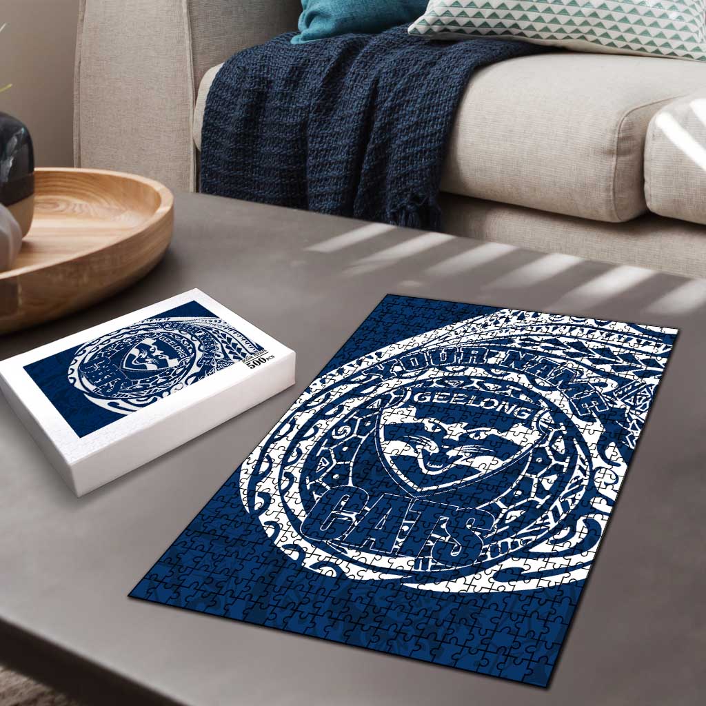 Personalized Geelong Cats Polynesian Puzzle Tribal Chest and Sleeve Tattoo Heritage Warrior