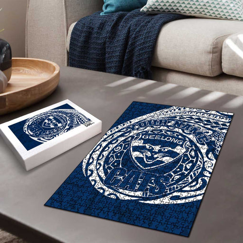 Personalized Geelong Cats Polynesian Puzzle Tribal Chest and Sleeve Tattoo Heritage Warrior