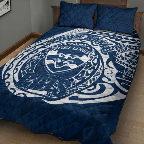 Personalized Geelong Cats Polynesian Quilt Bed Set Tribal Chest and Sleeve Tattoo Heritage Warrior