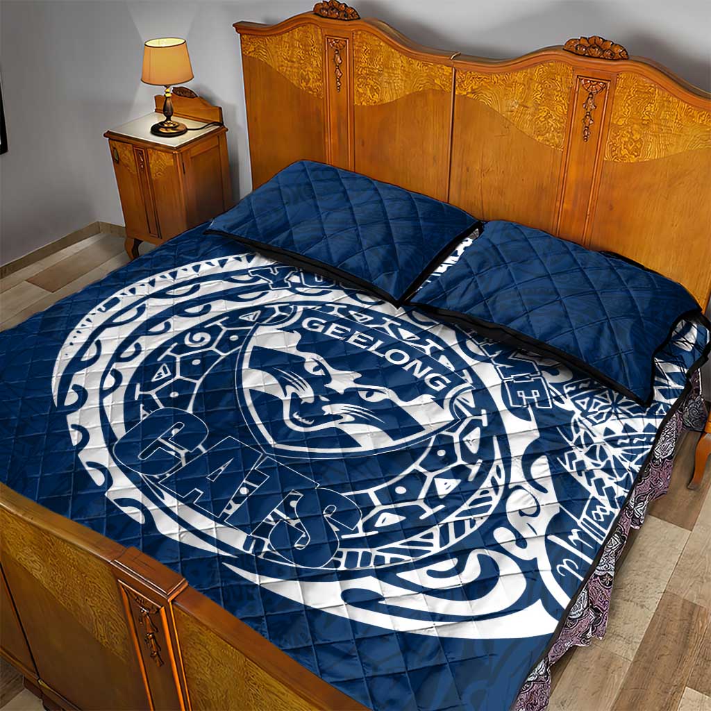 Personalized Geelong Cats Polynesian Quilt Bed Set Tribal Chest and Sleeve Tattoo Heritage Warrior