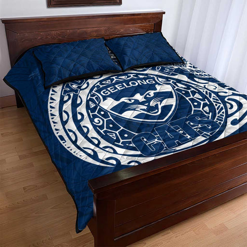Personalized Geelong Cats Polynesian Quilt Bed Set Tribal Chest and Sleeve Tattoo Heritage Warrior