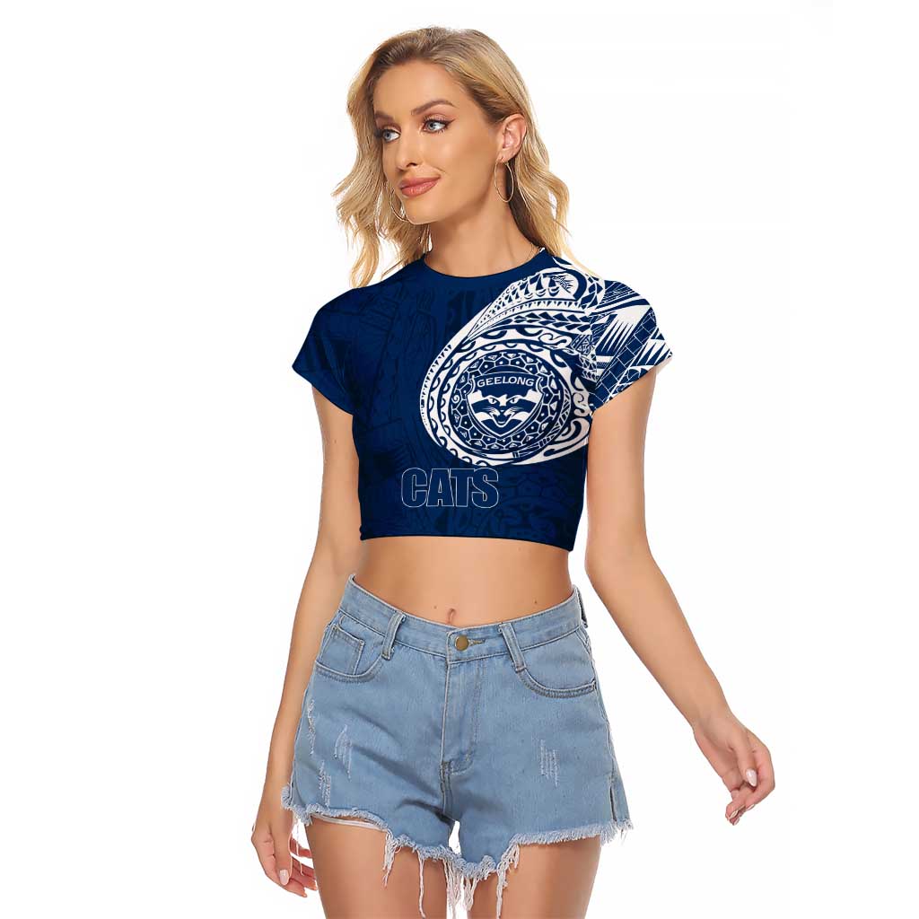 Personalized Geelong Cats Polynesian Raglan Cropped T Shirt Tribal Chest and Sleeve Tattoo Heritage Warrior
