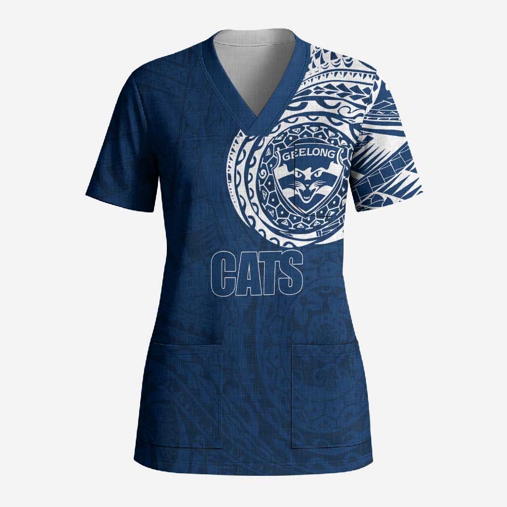 Personalized Geelong Cats Polynesian Scrub Top Tribal Chest and Sleeve Tattoo Heritage Warrior
