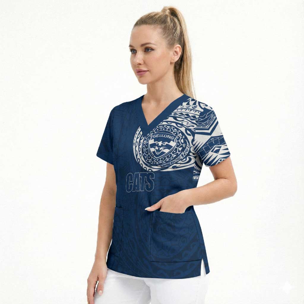 Personalized Geelong Cats Polynesian Scrub Top Tribal Chest and Sleeve Tattoo Heritage Warrior