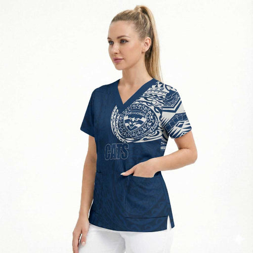 Personalized Geelong Cats Polynesian Scrub Top Tribal Chest and Sleeve Tattoo Heritage Warrior