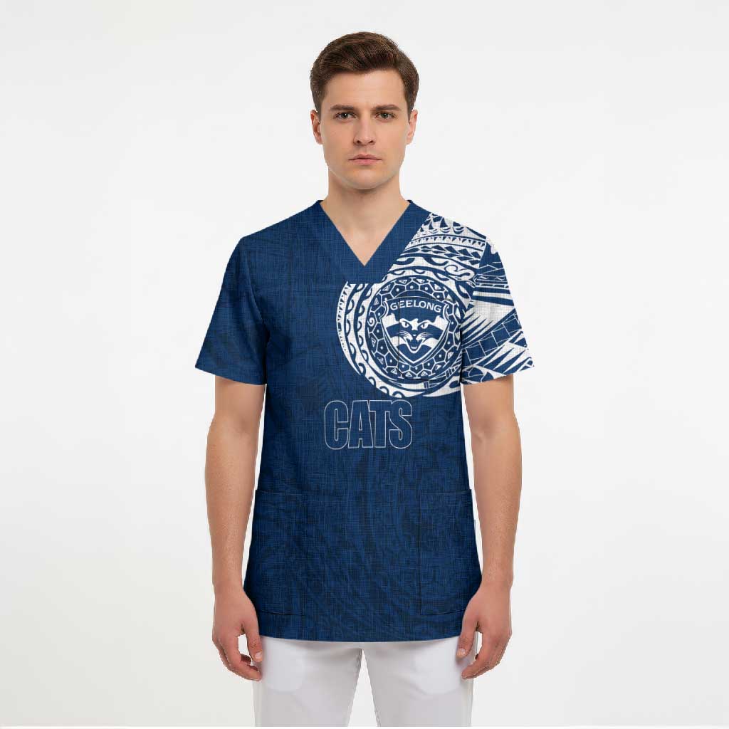 Personalized Geelong Cats Polynesian Scrub Top Tribal Chest and Sleeve Tattoo Heritage Warrior