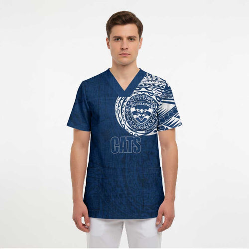 Personalized Geelong Cats Polynesian Scrub Top Tribal Chest and Sleeve Tattoo Heritage Warrior