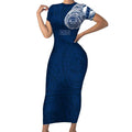 Personalized Geelong Cats Polynesian Short Sleeve Bodycon Dress Tribal Chest and Sleeve Tattoo Heritage Warrior