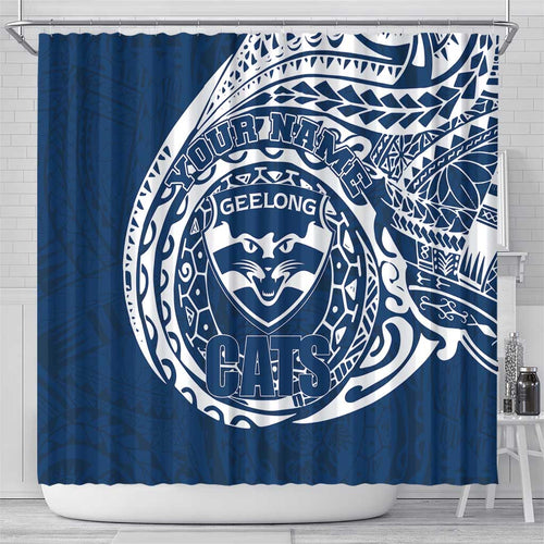 Personalized Geelong Cats Polynesian Shower Curtain Tribal Chest and Sleeve Tattoo Heritage Warrior