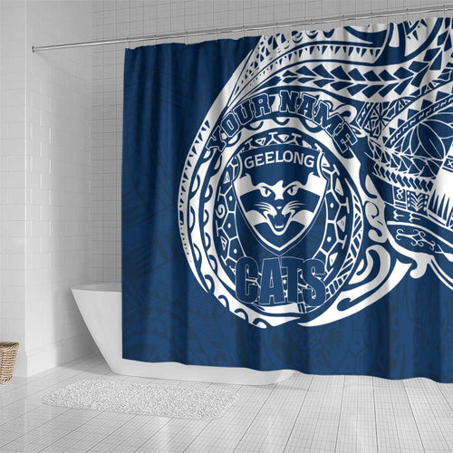 Personalized Geelong Cats Polynesian Shower Curtain Tribal Chest and Sleeve Tattoo Heritage Warrior