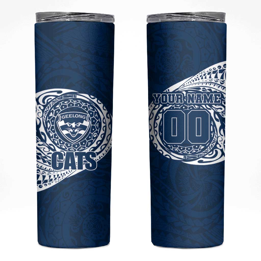 Personalized Geelong Cats Polynesian Skinny Tumbler Tribal Chest and Sleeve Tattoo Heritage Warrior
