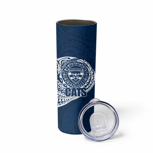Personalized Geelong Cats Polynesian Skinny Tumbler Tribal Chest and Sleeve Tattoo Heritage Warrior