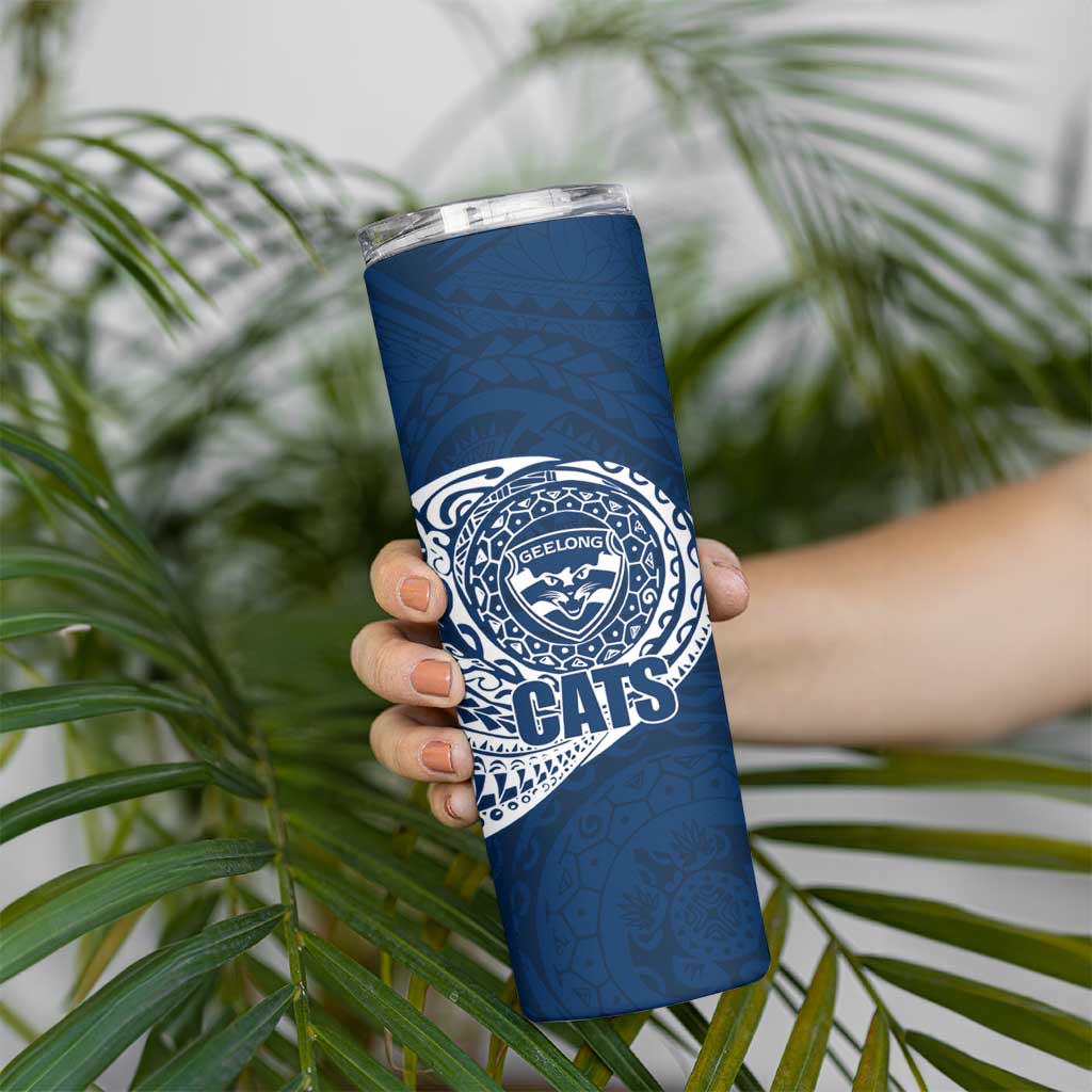 Personalized Geelong Cats Polynesian Skinny Tumbler Tribal Chest and Sleeve Tattoo Heritage Warrior
