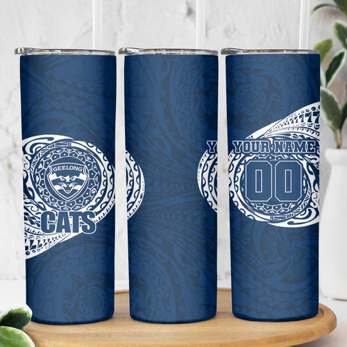 Personalized Geelong Cats Polynesian Skinny Tumbler Tribal Chest and Sleeve Tattoo Heritage Warrior