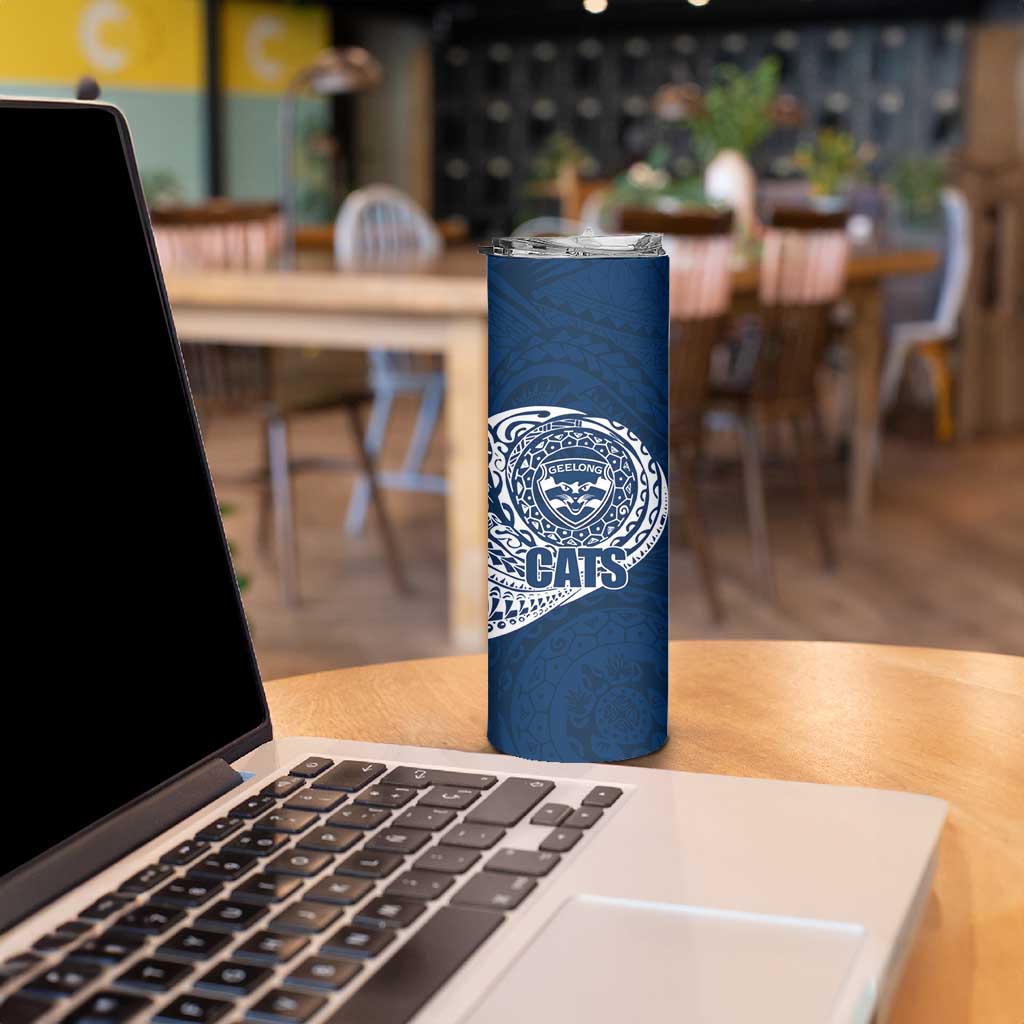 Personalized Geelong Cats Polynesian Skinny Tumbler Tribal Chest and Sleeve Tattoo Heritage Warrior