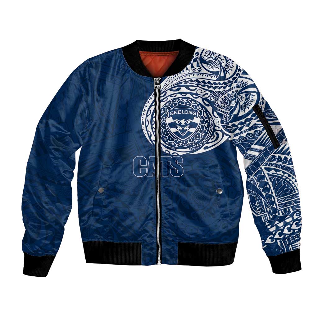 Personalized Geelong Cats Polynesian Sleeve Zip Bomber Jacket Tribal Chest and Sleeve Tattoo Heritage Warrior