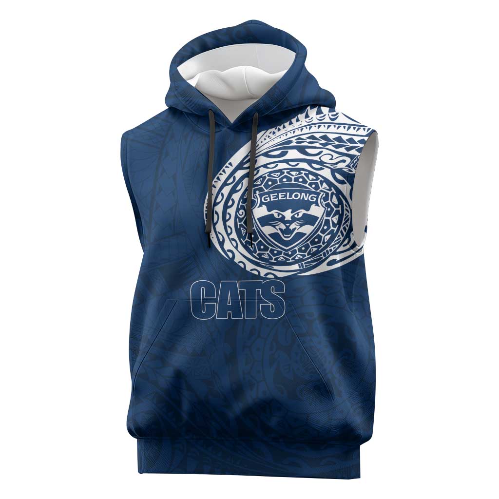 Personalized Geelong Cats Polynesian Sleeveless Hoodie Tribal Chest and Sleeve Tattoo Heritage Warrior
