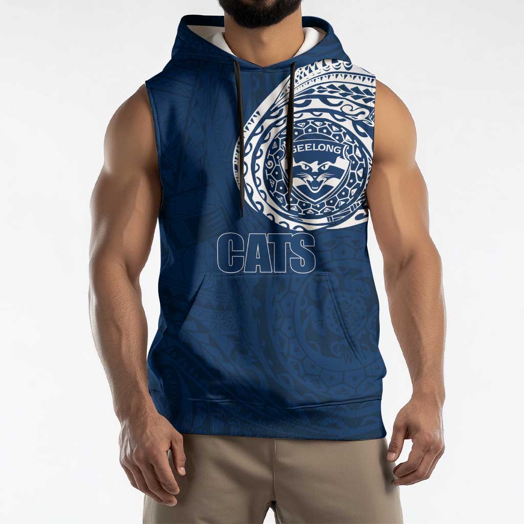 Personalized Geelong Cats Polynesian Sleeveless Hoodie Tribal Chest and Sleeve Tattoo Heritage Warrior