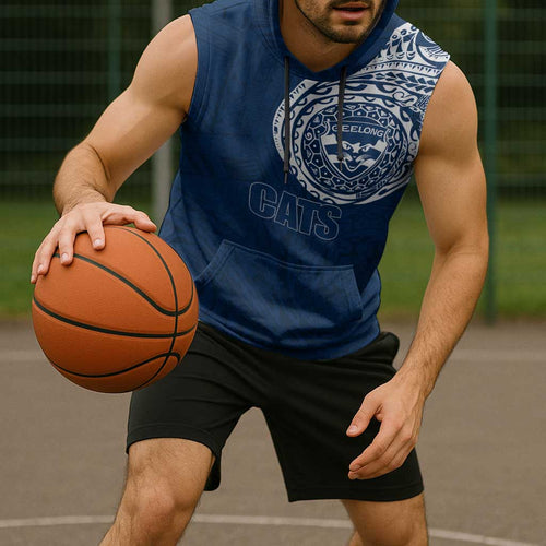 Personalized Geelong Cats Polynesian Sleeveless Hoodie Tribal Chest and Sleeve Tattoo Heritage Warrior