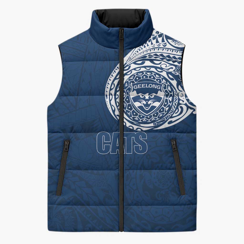 Personalized Geelong Cats Polynesian Sleeveless Puffer Jacket Tribal Chest and Sleeve Tattoo Heritage Warrior