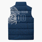 Personalized Geelong Cats Polynesian Sleeveless Puffer Jacket Tribal Chest and Sleeve Tattoo Heritage Warrior
