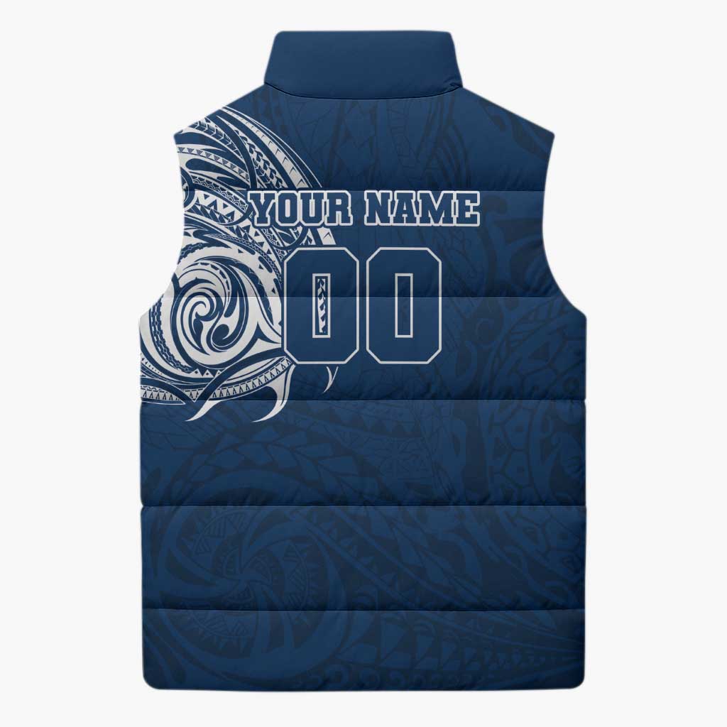 Personalized Geelong Cats Polynesian Sleeveless Puffer Jacket Tribal Chest and Sleeve Tattoo Heritage Warrior