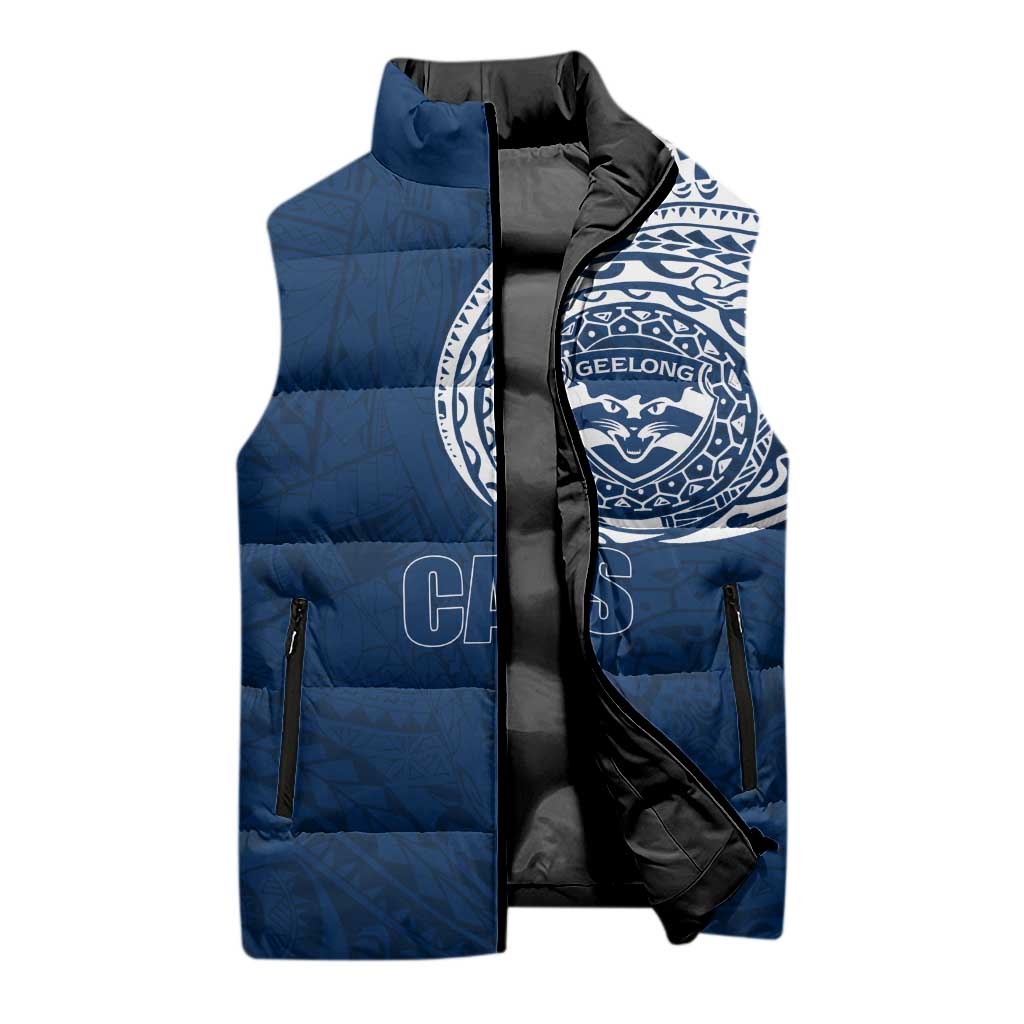 Personalized Geelong Cats Polynesian Sleeveless Puffer Jacket Tribal Chest and Sleeve Tattoo Heritage Warrior