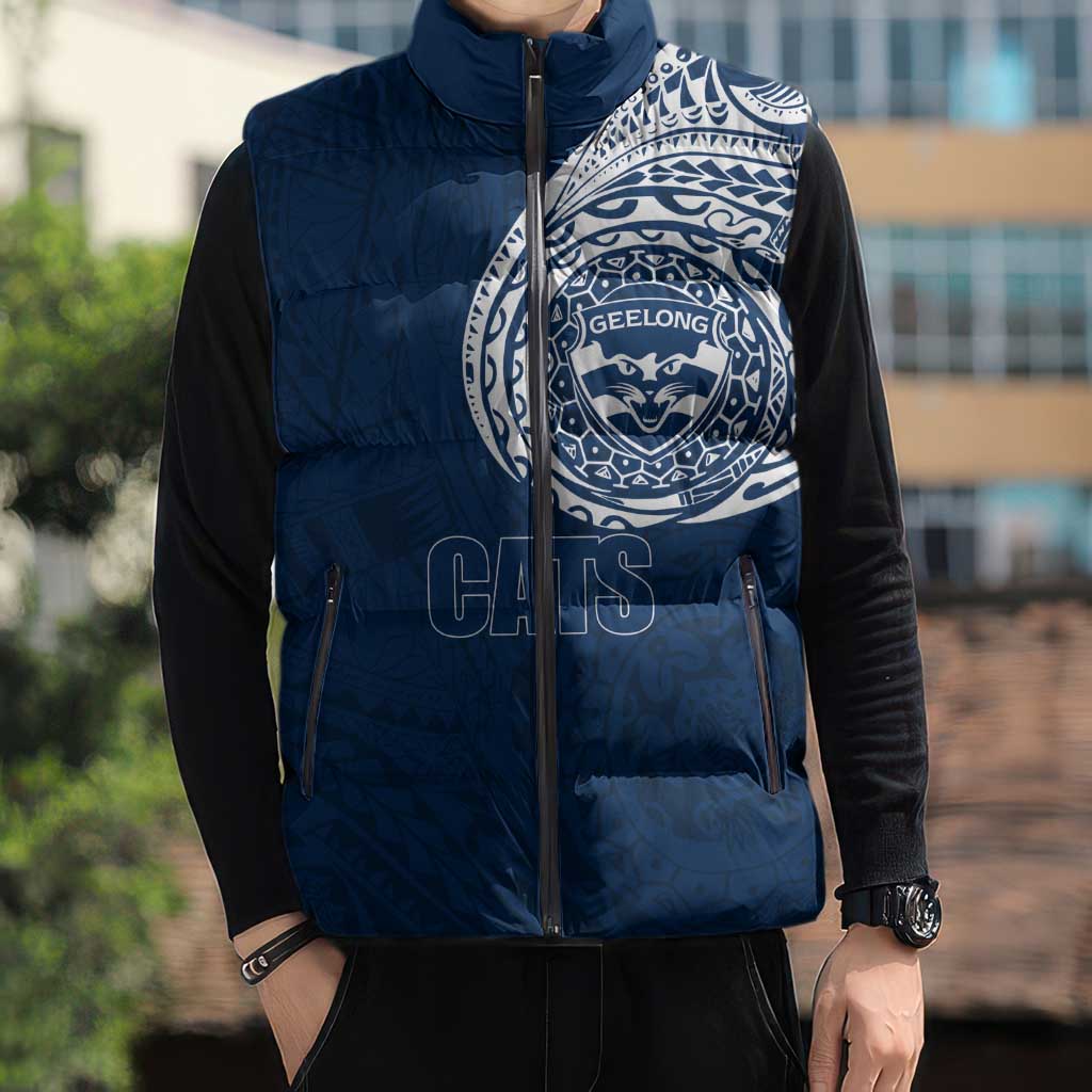 Personalized Geelong Cats Polynesian Sleeveless Puffer Jacket Tribal Chest and Sleeve Tattoo Heritage Warrior