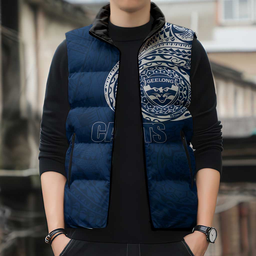 Personalized Geelong Cats Polynesian Sleeveless Puffer Jacket Tribal Chest and Sleeve Tattoo Heritage Warrior