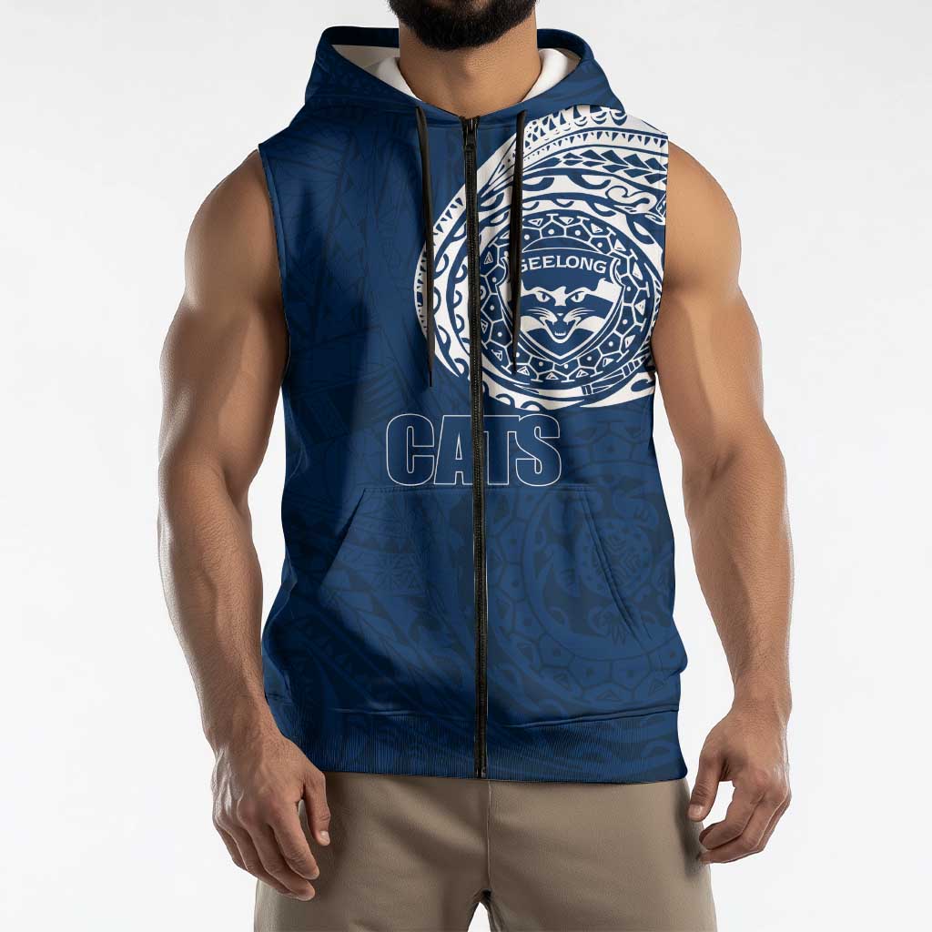 Personalized Geelong Cats Polynesian Sleeveless Zip Hoodie Tribal Chest and Sleeve Tattoo Heritage Warrior