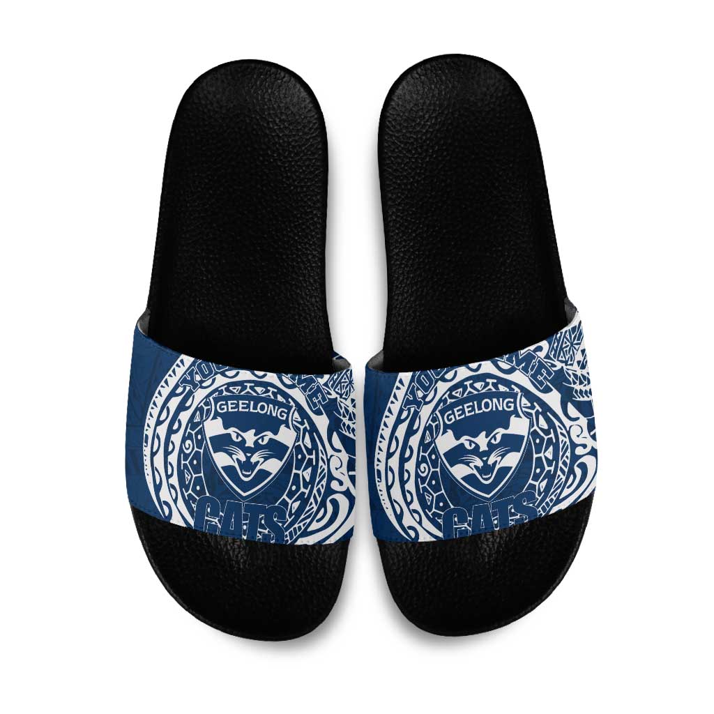 Personalized Geelong Cats Polynesian Slide Sandals Tribal Chest and Sleeve Tattoo Heritage Warrior