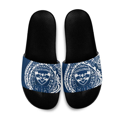 Personalized Geelong Cats Polynesian Slide Sandals Tribal Chest and Sleeve Tattoo Heritage Warrior