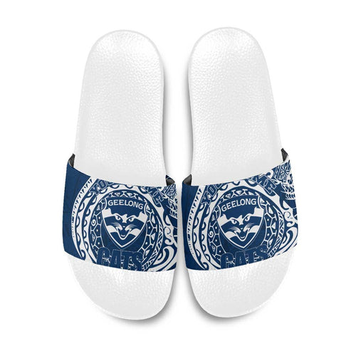 Personalized Geelong Cats Polynesian Slide Sandals Tribal Chest and Sleeve Tattoo Heritage Warrior