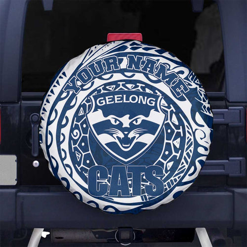 Personalized Geelong Cats Polynesian Spare Tire Cover Tribal Chest and Sleeve Tattoo Heritage Warrior
