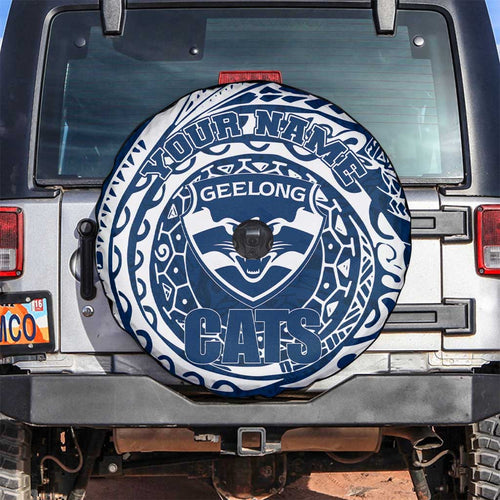 Personalized Geelong Cats Polynesian Spare Tire Cover Tribal Chest and Sleeve Tattoo Heritage Warrior