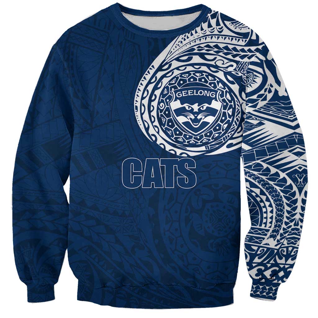 Personalized Geelong Cats Polynesian Sweatshirt Tribal Chest and Sleeve Tattoo Heritage Warrior