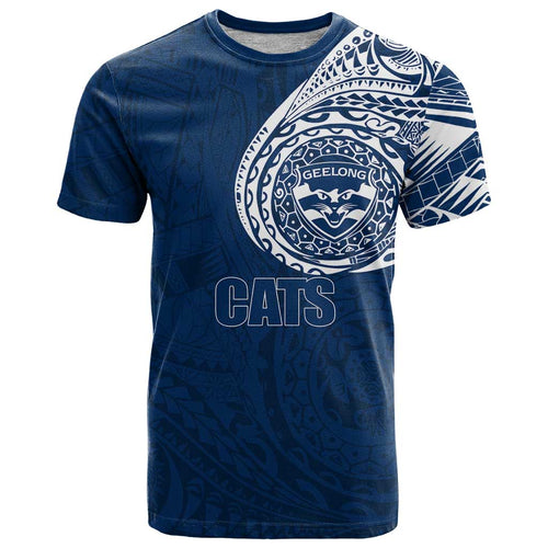 Personalized Geelong Cats Polynesian T Shirt Tribal Chest and Sleeve Tattoo Heritage Warrior