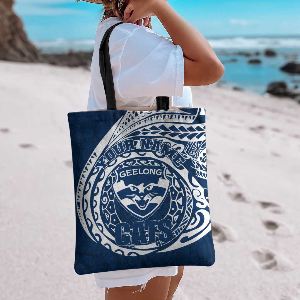 Personalized Geelong Cats Polynesian Tote Bag Tribal Chest and Sleeve Tattoo Heritage Warrior