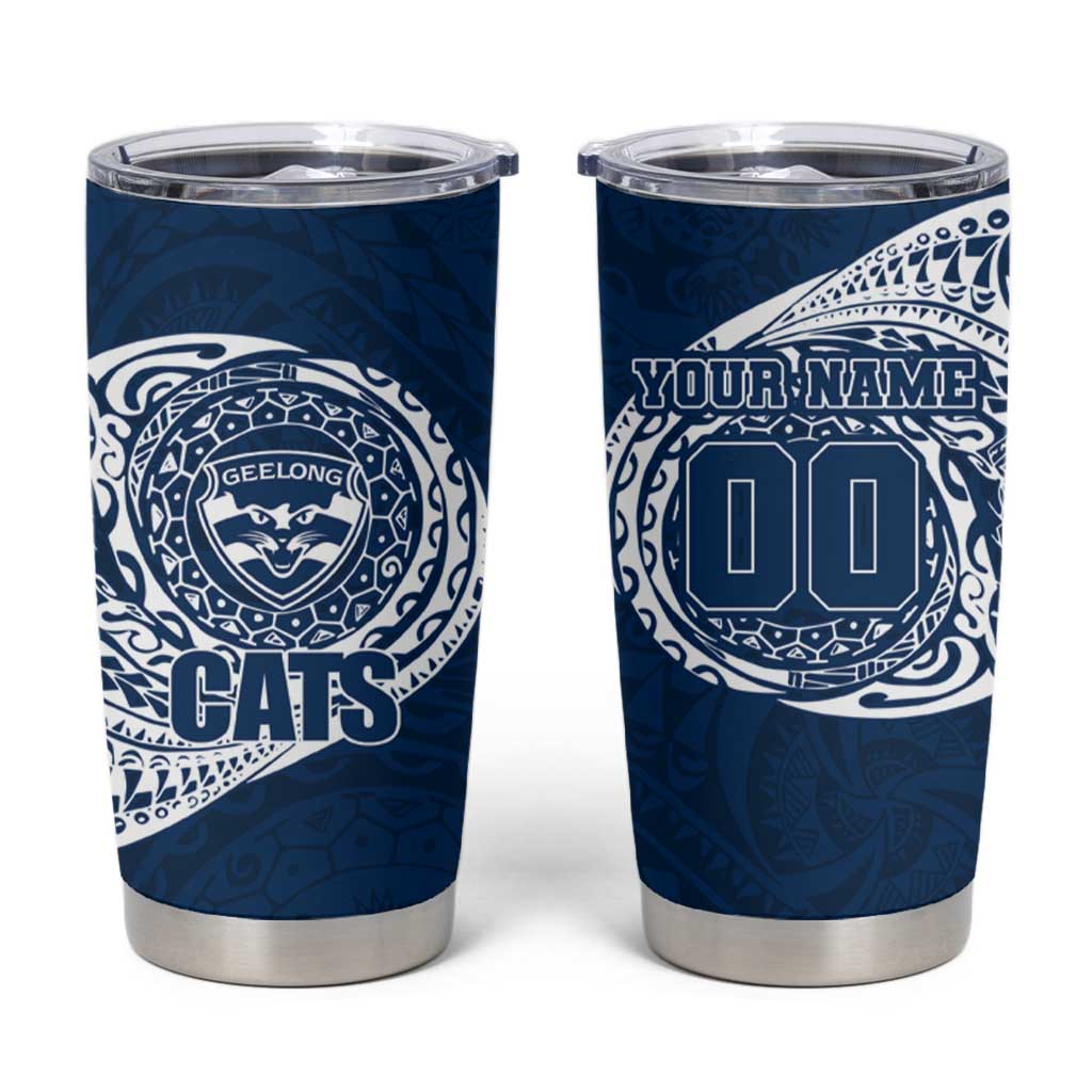 Personalized Geelong Cats Polynesian Tumbler Cup Tribal Chest and Sleeve Tattoo Heritage Warrior